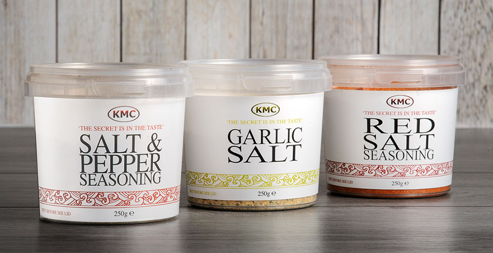 KNC Seasoning products - salt and pepper, red salt and garlic salt