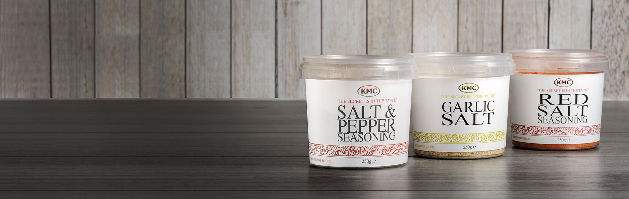 KNC Seasoning products - salt and pepper, red salt and garlic salt